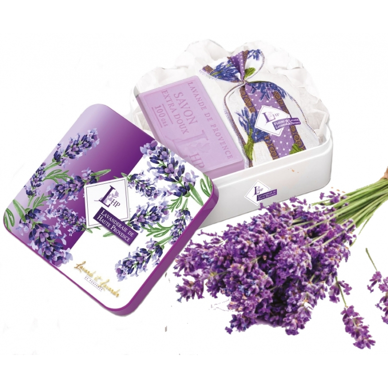 Set Cadou Cutie Metalica Sapun NATURAL MARSILIA Saculet Cu Flori De LAVANDA